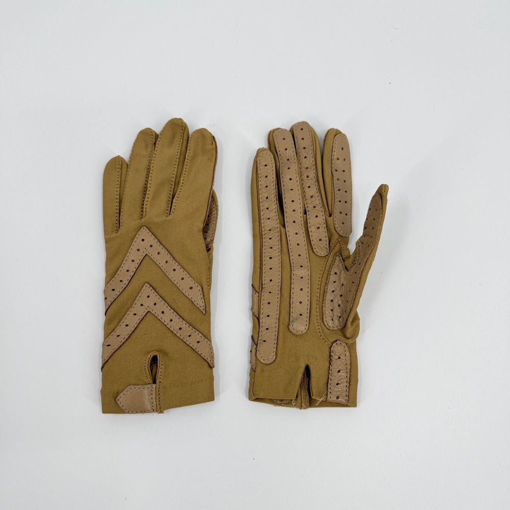 Isotoner Driving Gloves Chevron 90s Vintage Women One Size Tan Spandex Aris